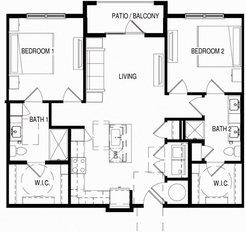 Floor plan for 2 beds, 2 baths, 1072 sqft